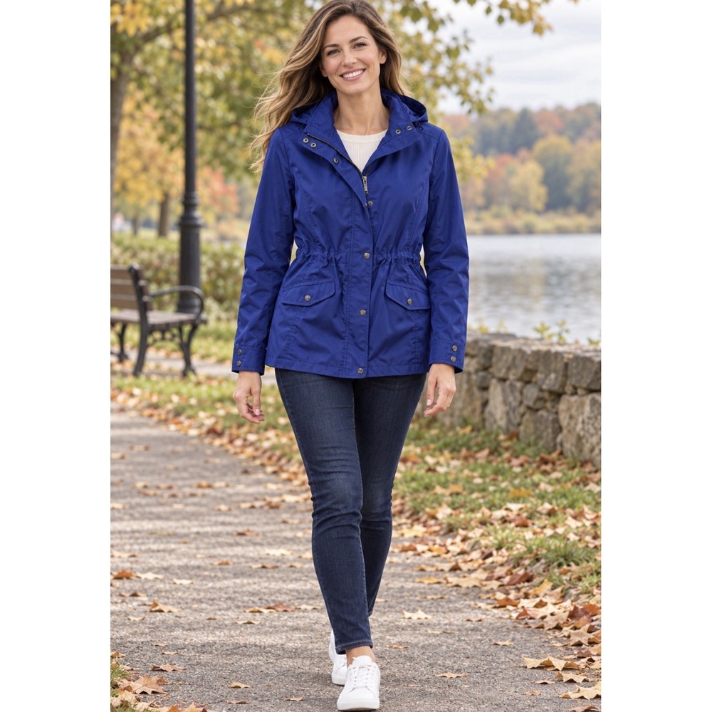 Talbots Woman Petite MP Blue Hooded Full Zip Snap Front Water Resistant Jacket